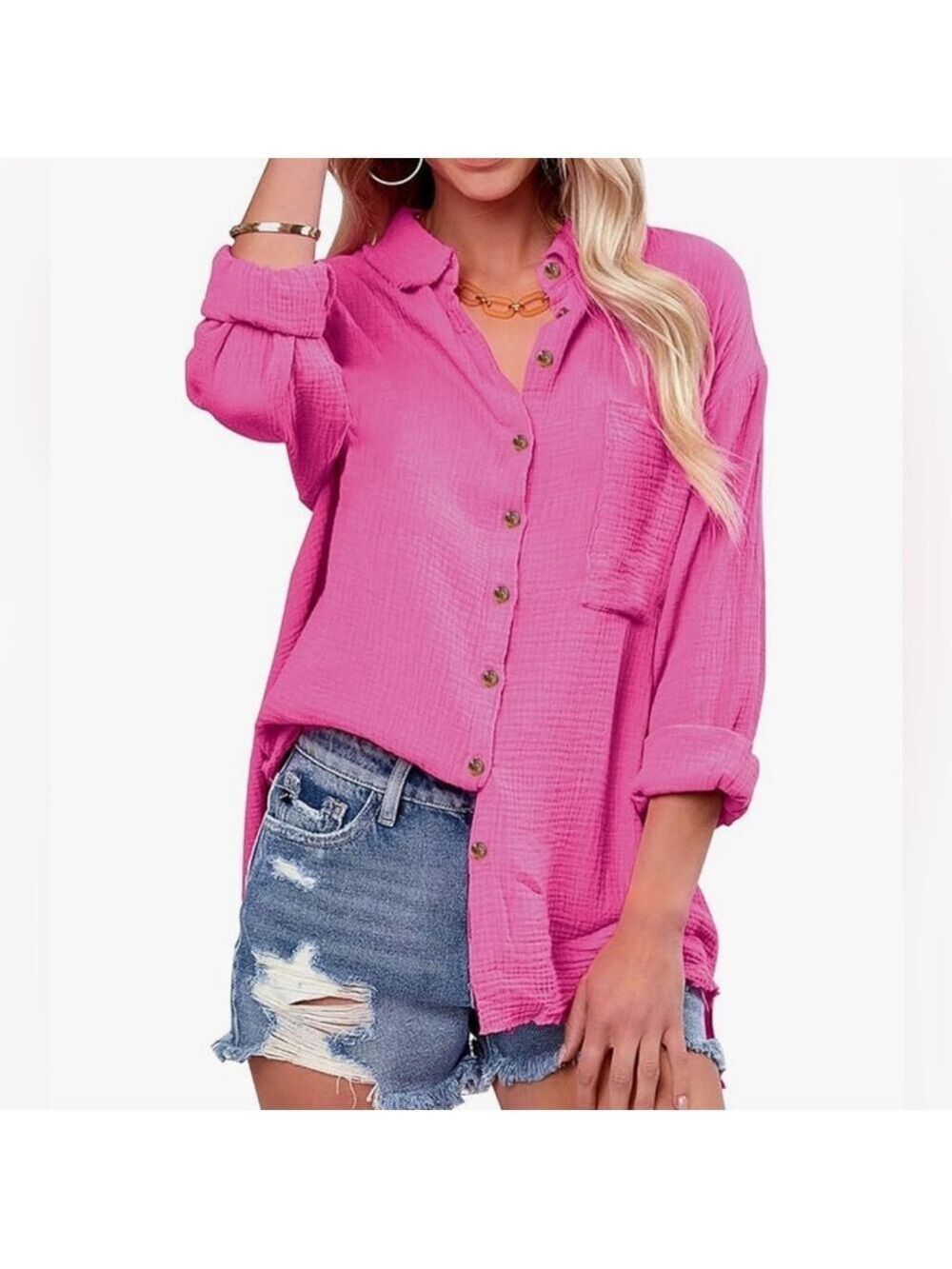 Pink Button Up Top Women's